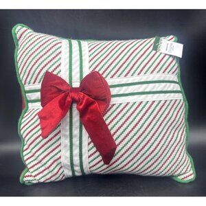 Kirkland’s Christmas Striped Present Red Velvet Bow Throw Pillow 14” X 14” NEW